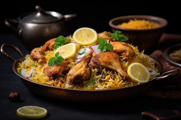 Un plato de comida con pollo biryani encima