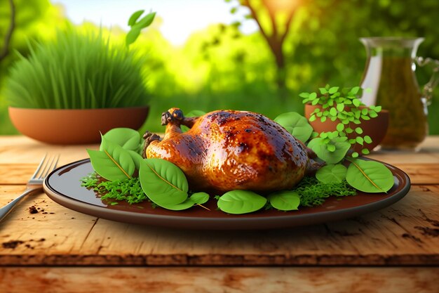 Foto un plato de comida con un pollo encima y una taza de té al fondo.