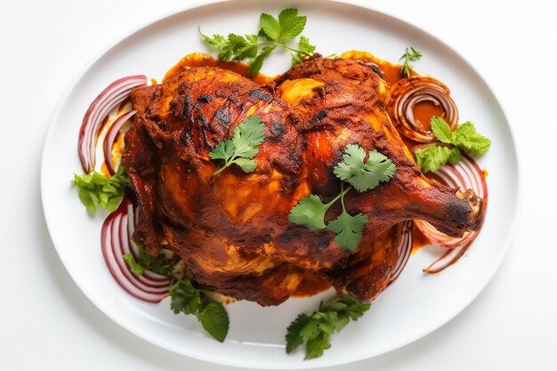 Un plato de comida con un pollo encima.