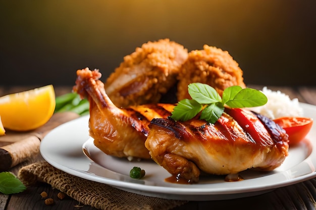 Un plato de comida con un pollo encima.