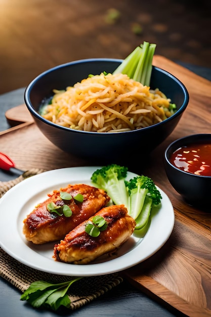 Un plato de comida con pollo y un plato de fideos con salsas y salsas.