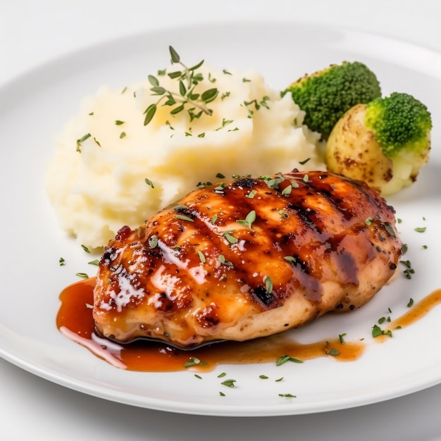 Un plato de comida con pollo y puré de patatas