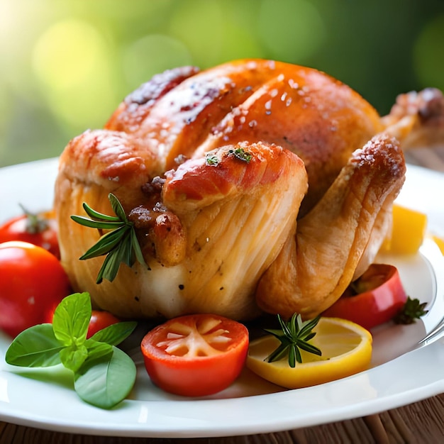 Un plato de comida con pollo y tomates al lado.