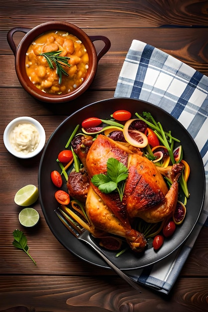 Un plato de comida con pollo y verduras en la mesa.