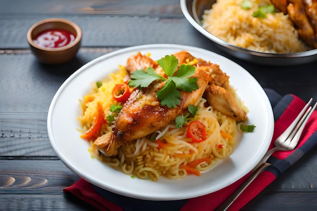 un plato de comida con pollo y verduras en una mesa.