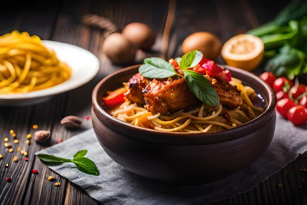 un plato de comida con pollo y verduras en una mesa