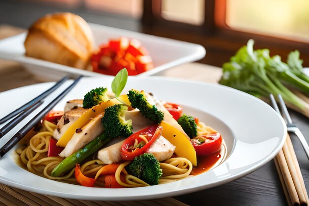 Un plato de comida con pollo y verduras.