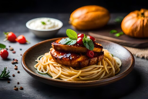 Un plato de comida con pollo y verduras.