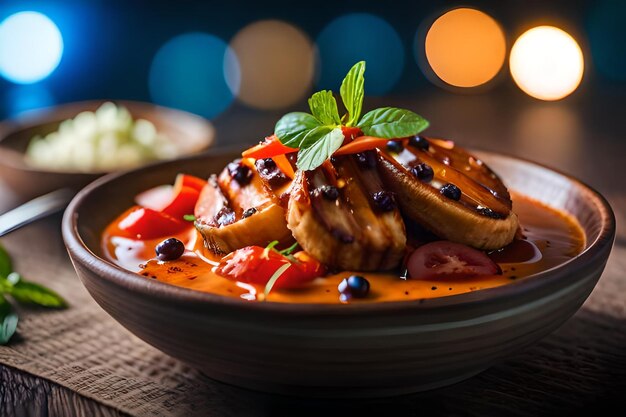 Un plato de comida con pollo y verduras.