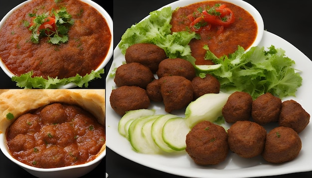 un plato de comida que incluye albóndigas, lechuga y salsa de tomate