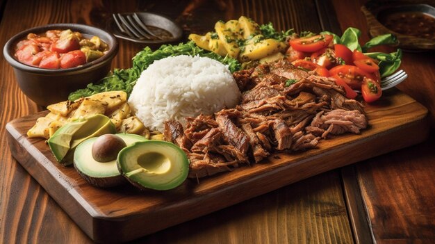 Un plato de comida que incluye carne, aguacate y aguacate.
