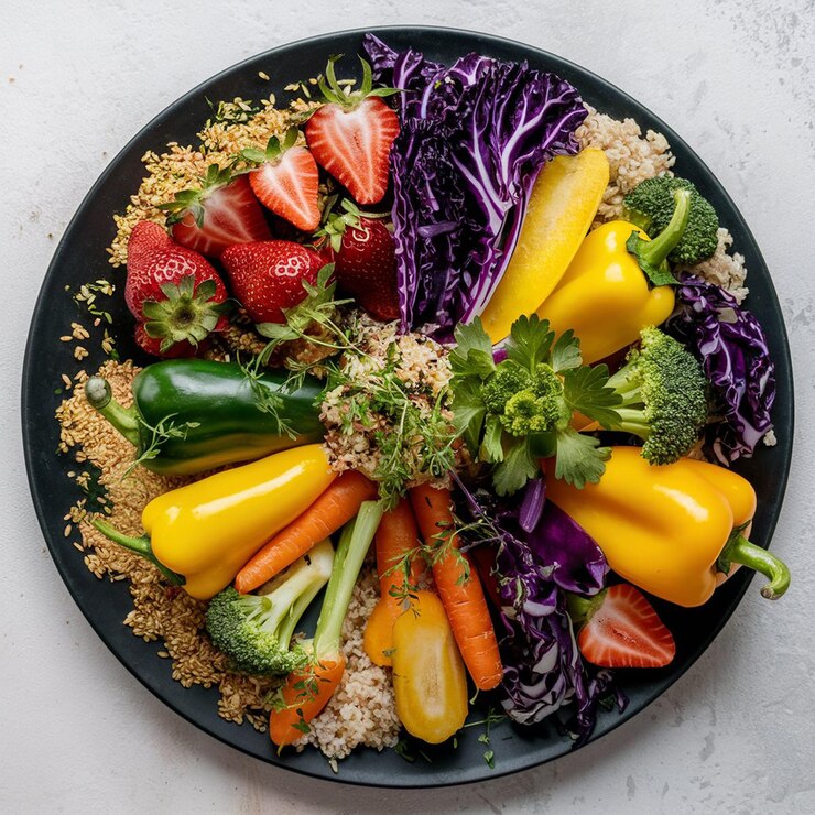un plato de comida que incluye fresas, brócoli y fresas