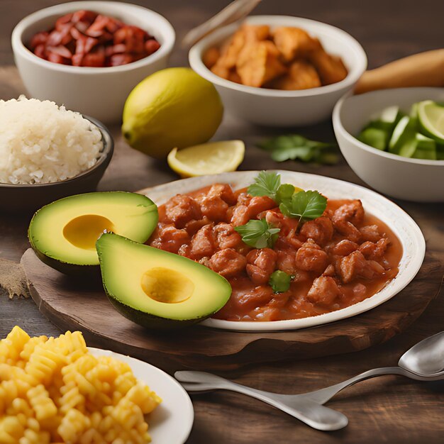 Foto un plato de comida que incluye frijoles, arroz y arroz