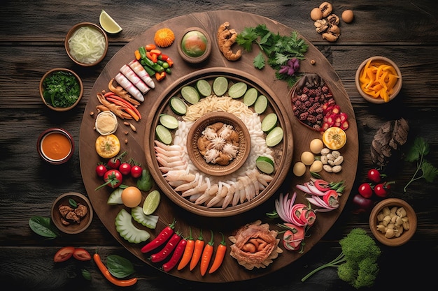 Un plato de comida que incluye un plato de comida con verduras y frutas.