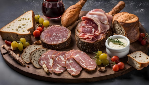 un plato de comida que incluye queso de jamón y pan