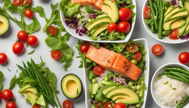 Foto un plato de comida que incluye salmón, aguacate y aguacate