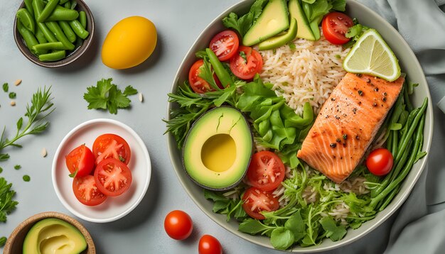 Foto un plato de comida que incluye tomates de salmón y lechuga