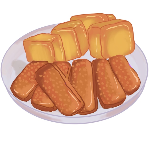 un plato de comida que tiene un dibujo de un pastel en él