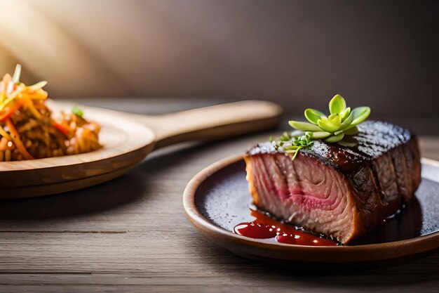 Foto un plato de comida que tiene el nombre de la compañía en él