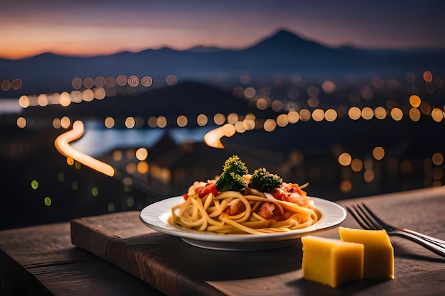 un plato de comida con queso y brócoli en él está en una mesa con un prato de queso y queso y Queso