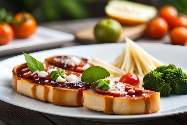 un plato de comida con queso y verduras en él