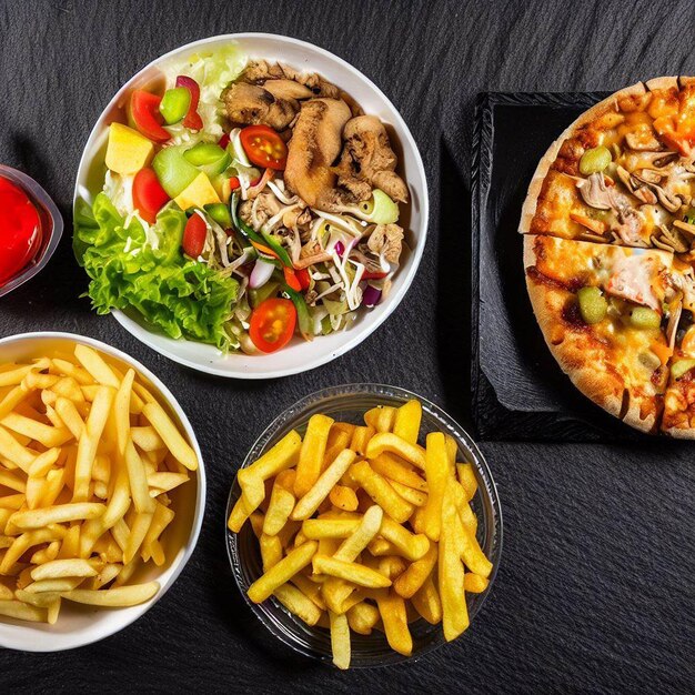 Plato de comida rápida y comida sana sobre fondo de piedra negra