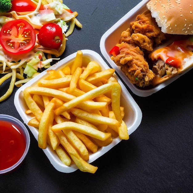 Plato de comida rápida y comida sana sobre fondo de piedra negra