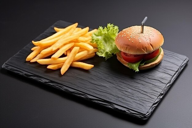 Plato de comida rápida sobre fondo de piedra negra