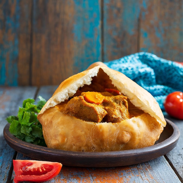 Foto plato de comida rápida sudafricana de conejo chow curry con carne y verduras en pan blanco sobre un fondo claro