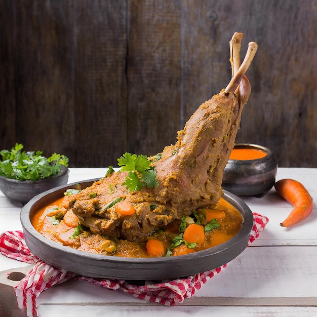 Plato de comida rápida sudafricana de conejo chow curry con carne y verduras en pan blanco sobre un fondo claro