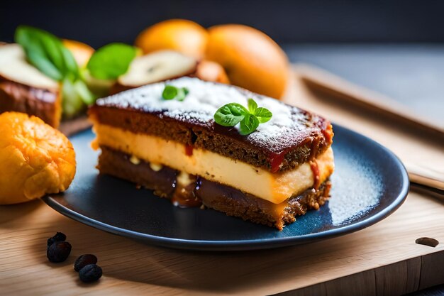 un plato de comida con una rebanada de pastel en él