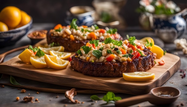 un plato de comida con rebanadas de limón y una cuña de limón