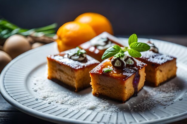 un plato de comida con una rodaja de chocolate encima