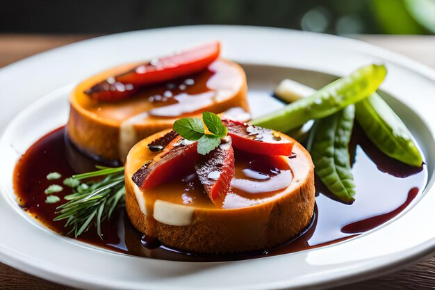 Un plato de comida con una rodaja de fresa encima