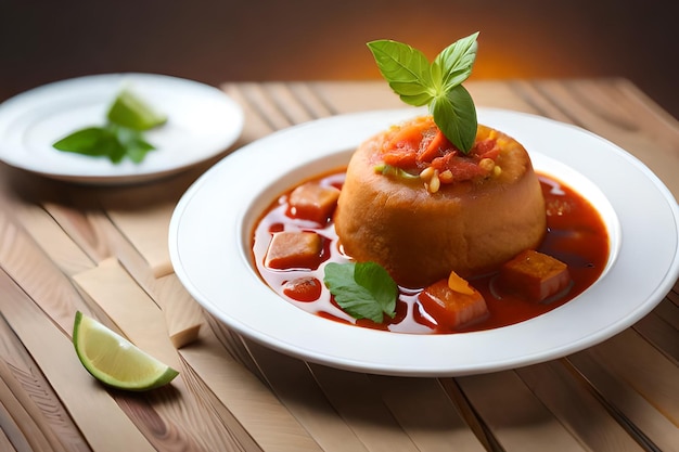 Un plato de comida con una rodaja de limón a un lado