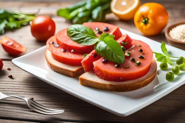 Un plato de comida con una rodaja de sandía y tomates.