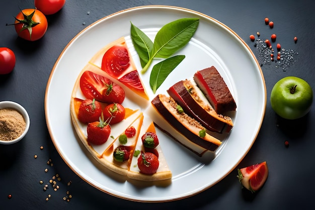 Un plato de comida con una rodaja de tomate y albahaca