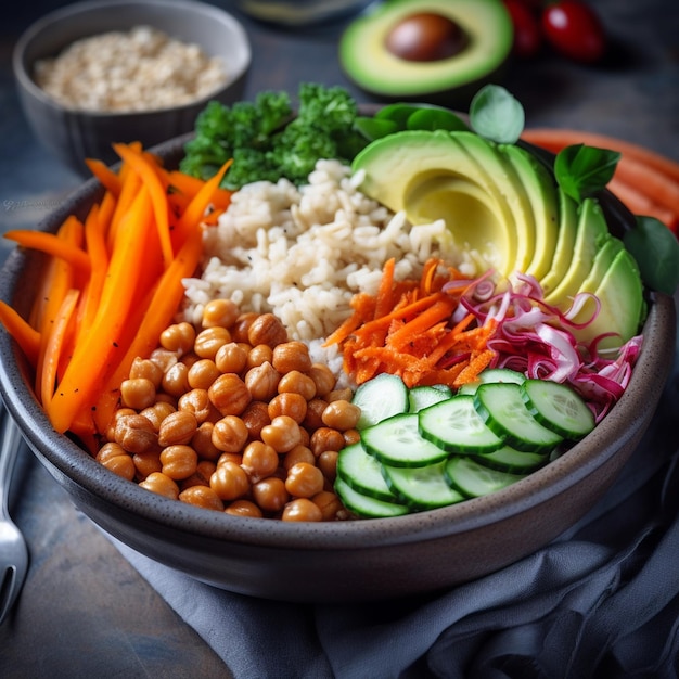 Un plato de comida con rodajas de aguacate, pepino y tomate.