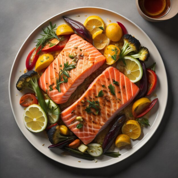 Un plato de comida con salmón, limón y otras verduras.
