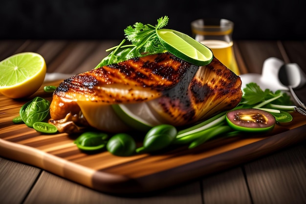 Un plato de comida con salmón a la parrilla