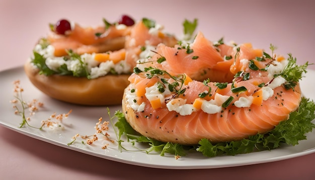 un plato de comida con salmón y queso crema