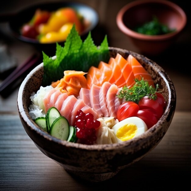 un plato de comida con salmón, salmón y verduras.