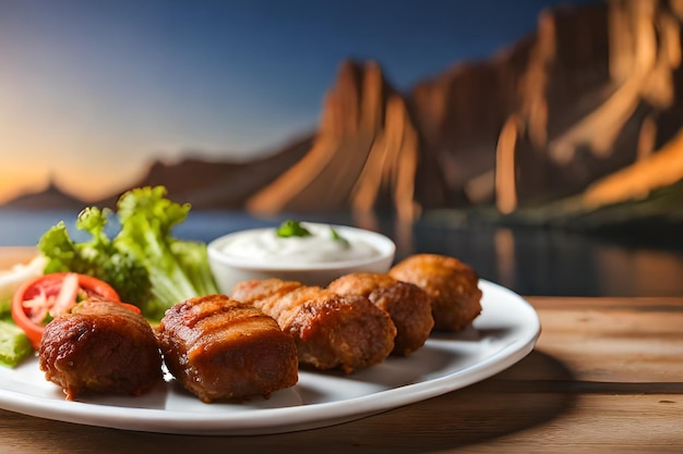 Un plato de comida con salsa azul y blanca.