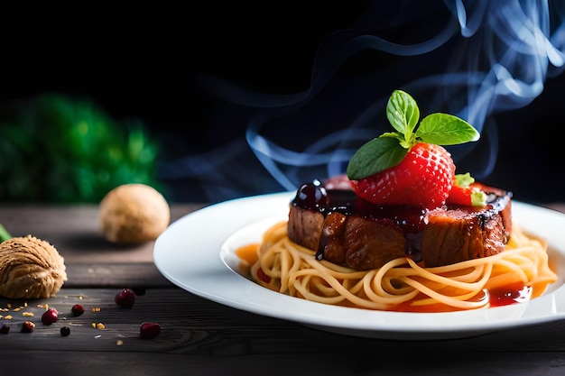 Un plato de comida con salsa de fresa y chocolate