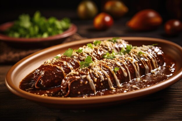 Foto un plato de comida con una salsa y guarnición en él