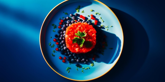 Un plato de comida con salsa roja y arándanos al lado.