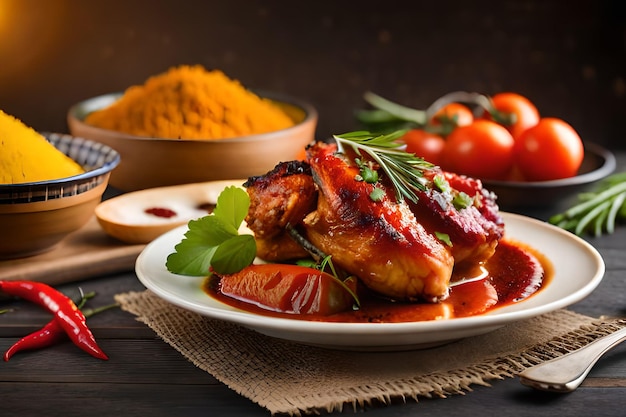 Un plato de comida con salsa roja y especias sobre la mesa.