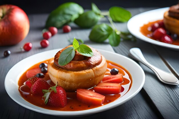 Un plato de comida con salsa roja y fresas