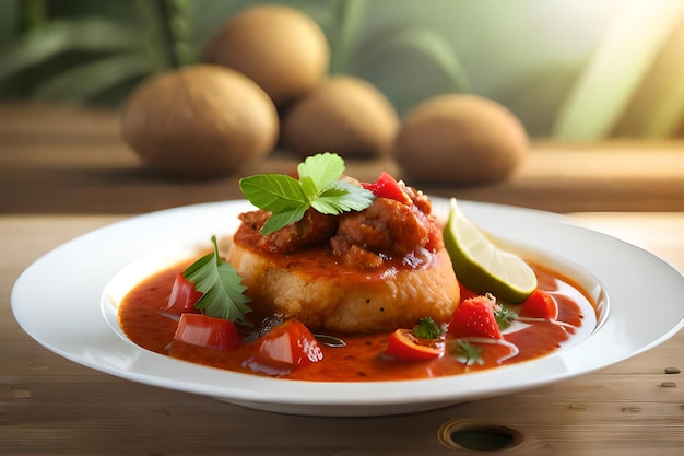 Un plato de comida con salsa roja y limas al lado