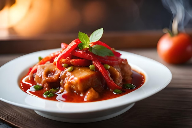 Un plato de comida con salsa roja